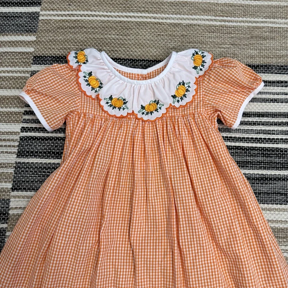 Addie &‎ Hadlie Dress Girls 4T Orange Gingham Pumpkin Embroidered Fall Holiday